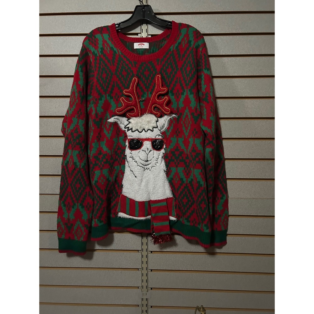 Holiday Time Mens XL Red Green Llama Reindeer Ugly Christmas Sweater Party Humor